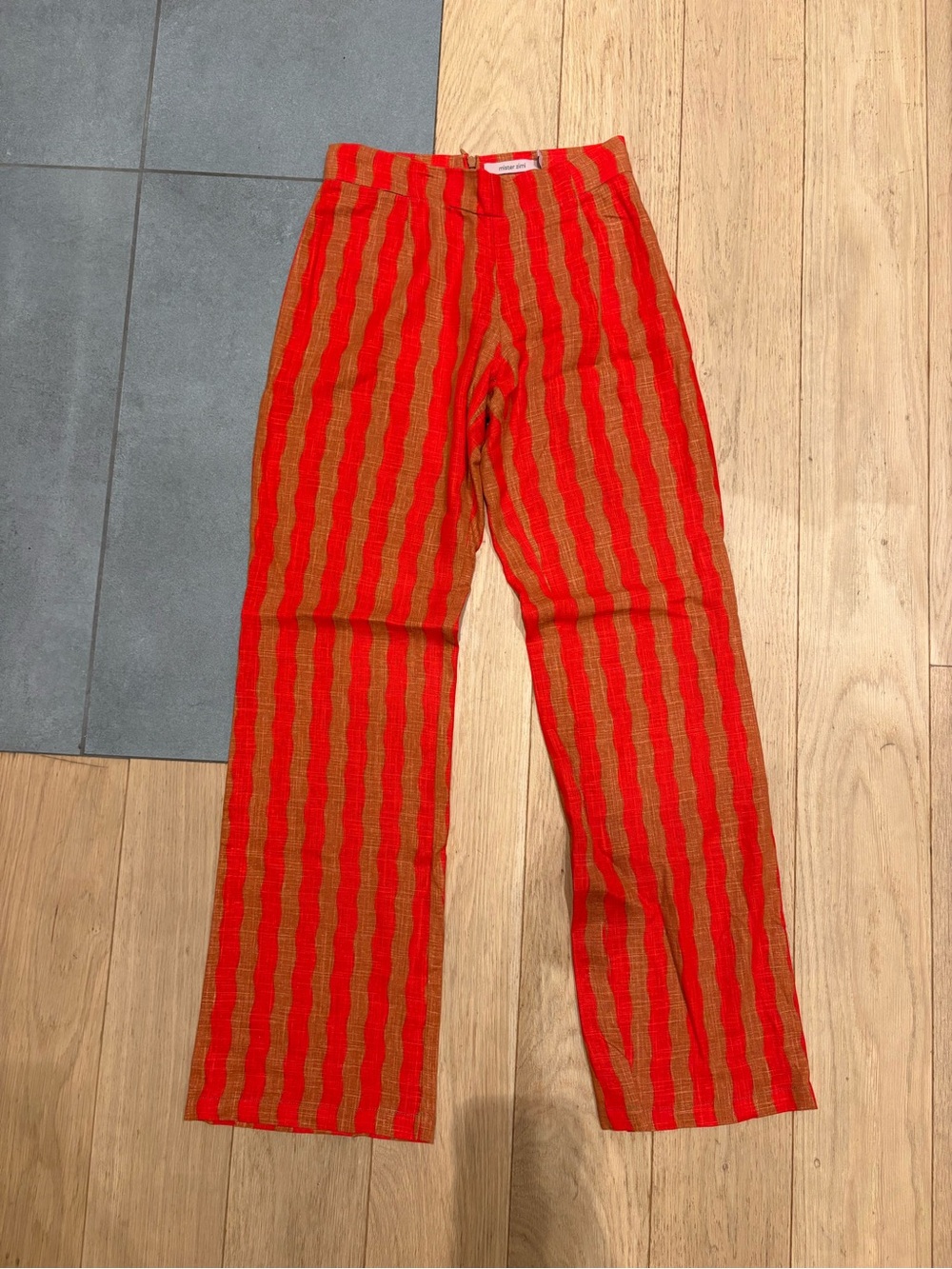 Mister Zimi Liss Red and Orange Striped Linen Pants in Papaya